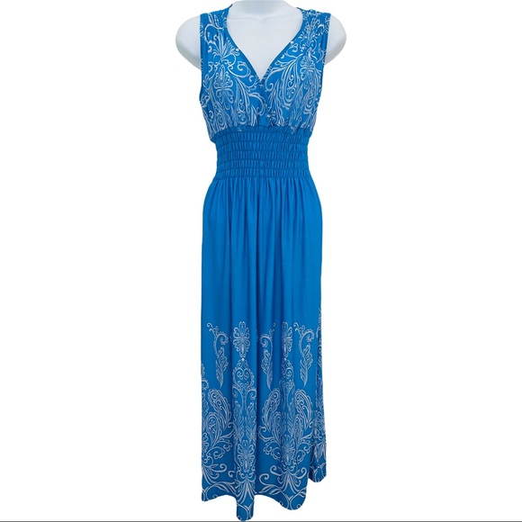 Summer NWT Dress Sleeveless Surplice Smock Waist Sleeveless Maxi Blue White S - Picture 5 of 10